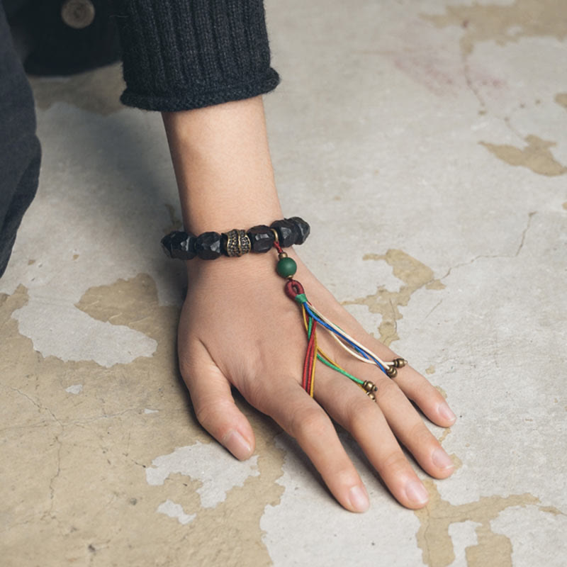 Tibet Ebony Wood Copper Peace Tassel Wrist Mala Bracelet