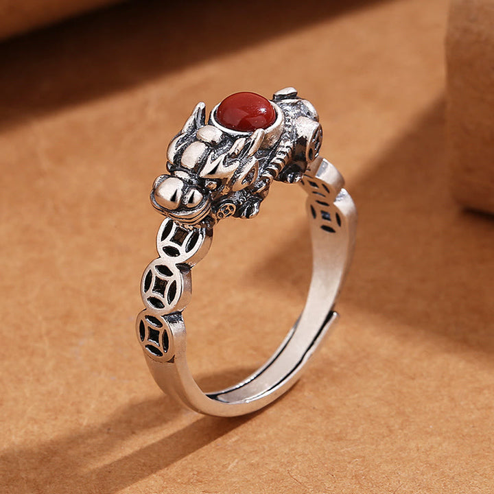 Buddha Stones PiXiu Copper Coin Red Agate Wealth Luck Ring