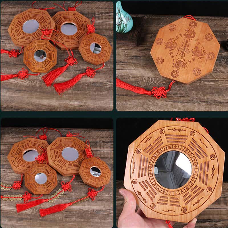 Feng Shui Bagua Map Peach Wood Five-Emperor Coins Chinese Knotting Balance Energy Map Mirror