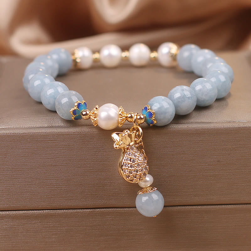 Buddha Stones Aquamarine Pearl Fortune Money Bag Charm Bracelet