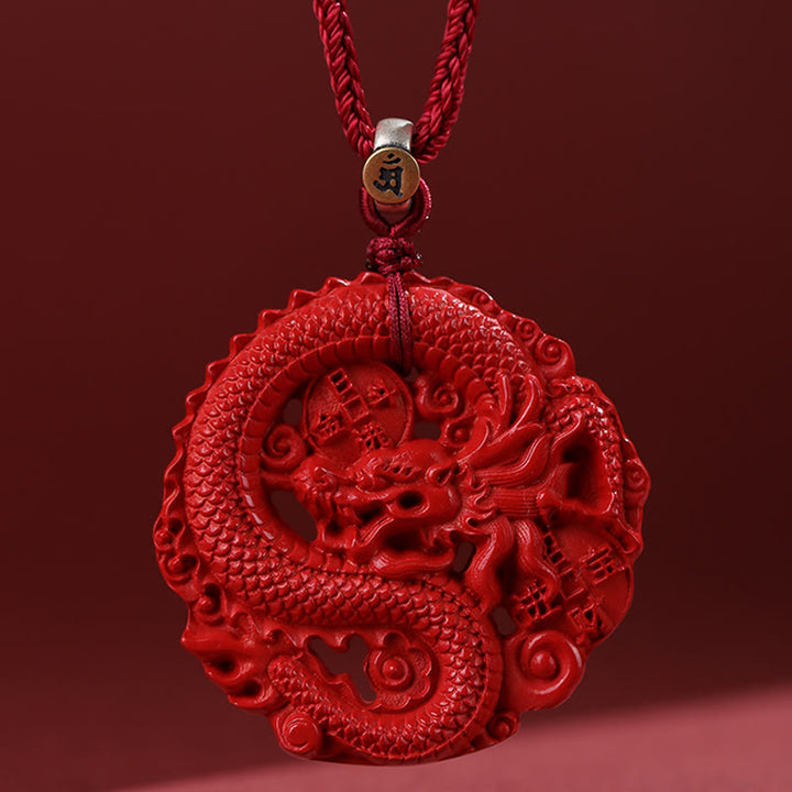 Buddha Stones Year of the Dragon 925 Sterling Silver Natural Cinnabar Copper Coin Luck Necklace Pendant