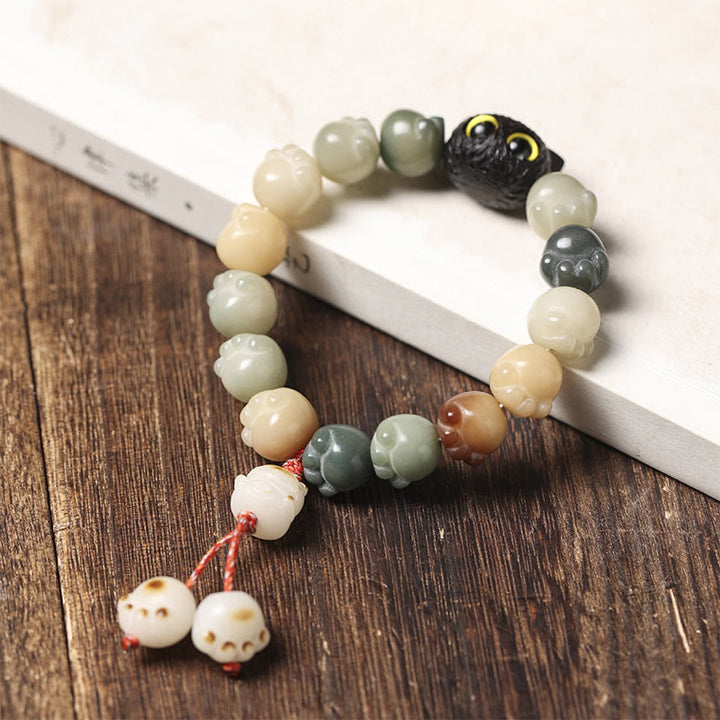 Buddha Stones Natural Bodhi Seed Lovely Paw Ebony Wood Lucky Cat Wisdom Bracelet