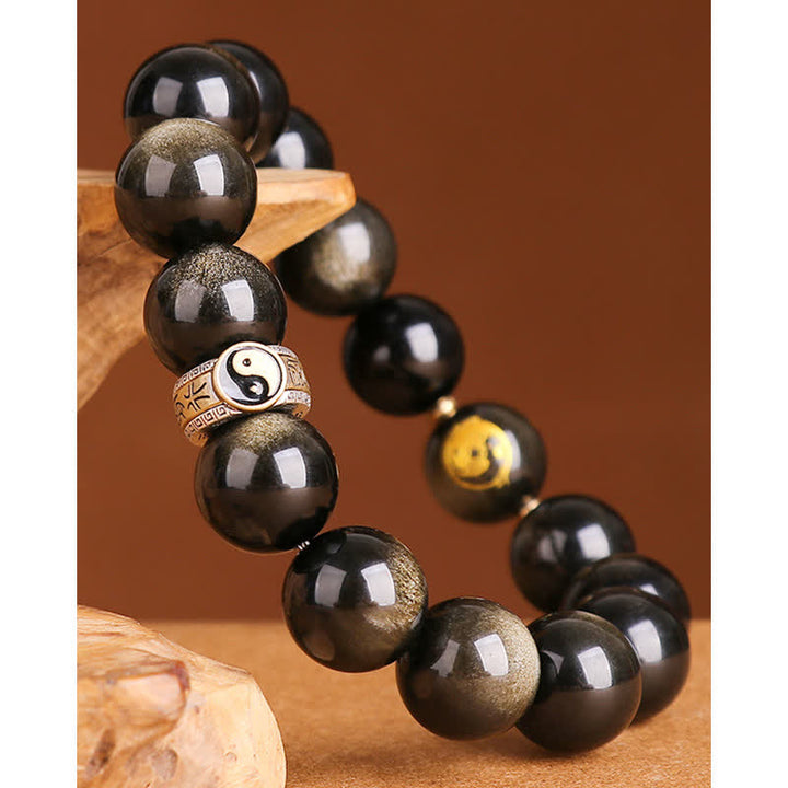 Buddha Stones 925 Sterling Silver Black Obsidian Gold Sheen Obsidian Silver Sheen Obsidian Yin Yang Protection Bracelet