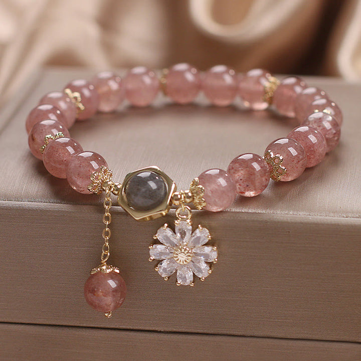 Natural Strawberry Quartz Crystal Daisy Flower Charm Positive Healing Bracelet