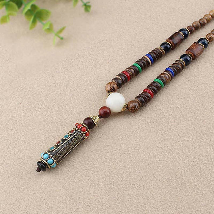 Buddha Stones Tibetan Om Mani Padme Hum Dzi Bead Wenge Wood Necklace Pendant