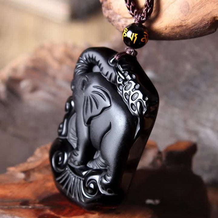 Black Obsidian Elephant Protection String Necklace Pendant Key Chain