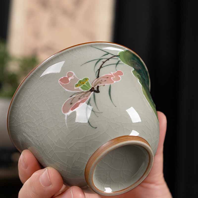 Buddha Stones Lotus Koi Fish Pod Leaf Ceramic Gaiwan Sancai Teacup Kung Fu Tea Cup And Saucer With Lid 140ml