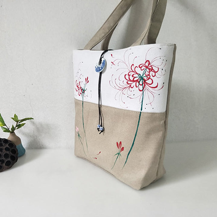 Pear Flower Plum Peach Blossom Bamboo Embroidery Canvas Large Capacity Shoulder Bag Tote Bag