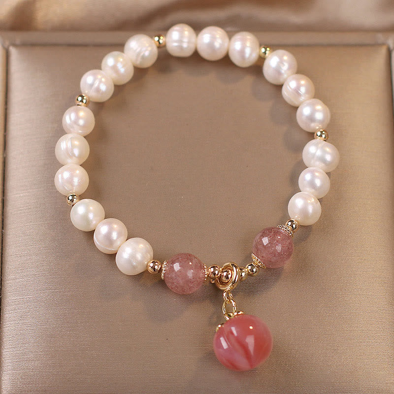 Buddha Stones Natural Pearl Strawberry Quartz Peach Love Heart Wisdom Charm Bracelet