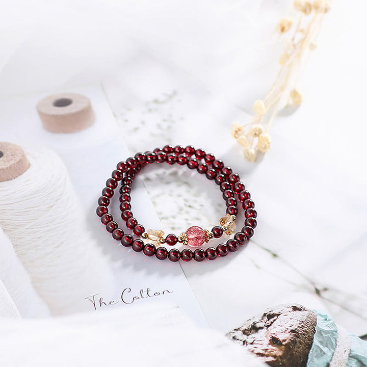 Buddha Stones 14K Gold Plated Natural Garnet Strawberry Quartz Butterfly Protection Double Wrap Bracelet