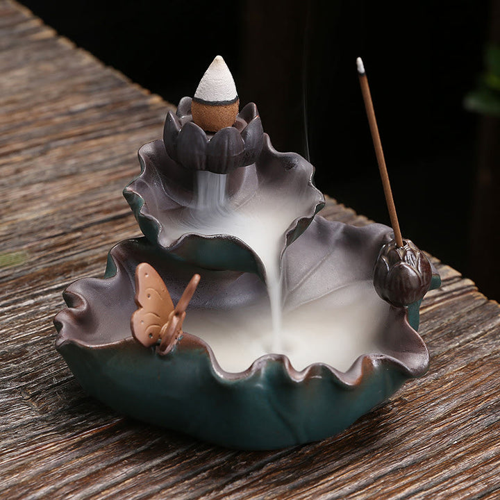 Buddha Stones Lotus Flower Leaf Frog Butterfly Pattern Healing Ceramic Incense Burner Decoration