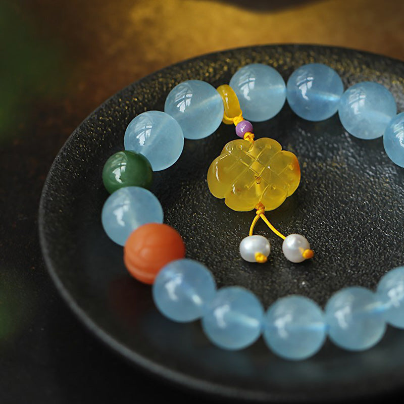 Natural Aquamarine Amber Chinese Knotting Charm Peace Bracelet