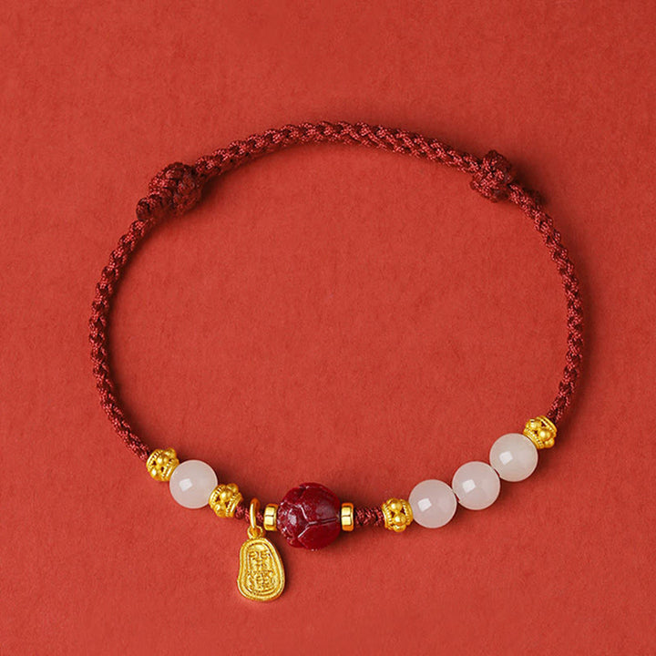 Buddha Stones 24K Gold Plated Hetian White Jade Cinnabar Lotus Luck Rope Bracelet