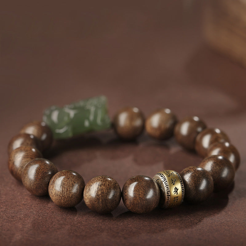 Buddha Stones 925 Sterling Silver Brunei Agarwood PiXiu Jade Peace Strength Bracelet