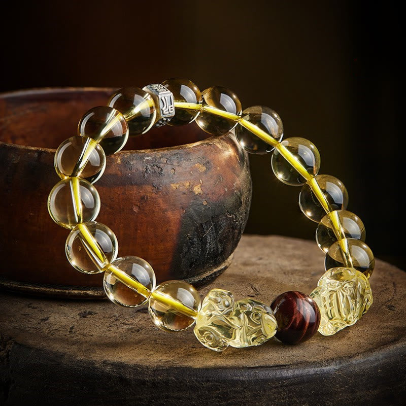 Buddha Stones Natural Citrine Double PiXiu Tiger Eye Prosperity Protection Bracelet