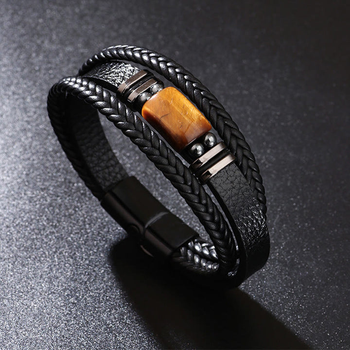 Buddha Stones Tiger Eye Power Magnetic Buckle Multilayered Leather Bracelet