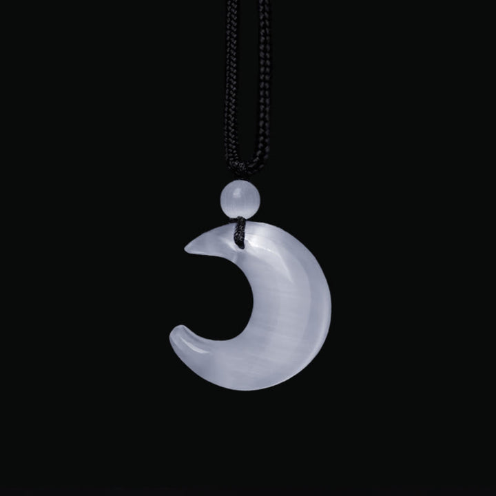 Buddha Stones Natural Silver Sheen Obsidian Selenite Crystal Crescent Moon Yin Yang Couple Protection Necklace Pendant