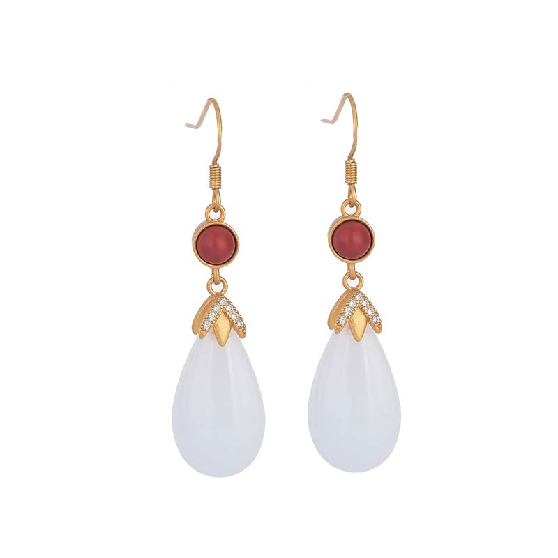 Buddha Stones FengShui White Jade Luck Drop Earrings