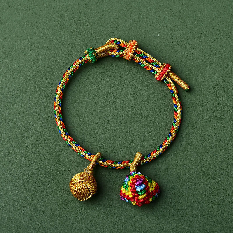 Buddha Stones Colorful Rope Luck Handmade Zongzi Golden Ball Charm Bracelet