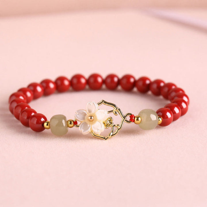 Buddha Stones Natural Cinnabar Jade Beaded Tridacna Stone Flower Blessing Bracelet