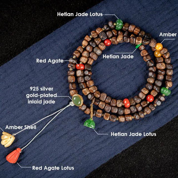 Buddha Stones 108 Mala Beads 925 Sterling Silver Brunei Agarwood Red Agate PiXiu Hetian Jade Peace Strength Bracelet