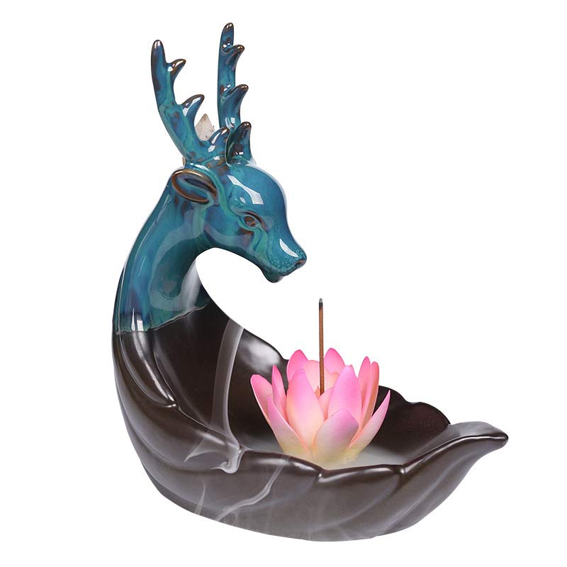 Buddha Stones Little Deer Ceramic Lotus Meditation Incense Burner Decoration