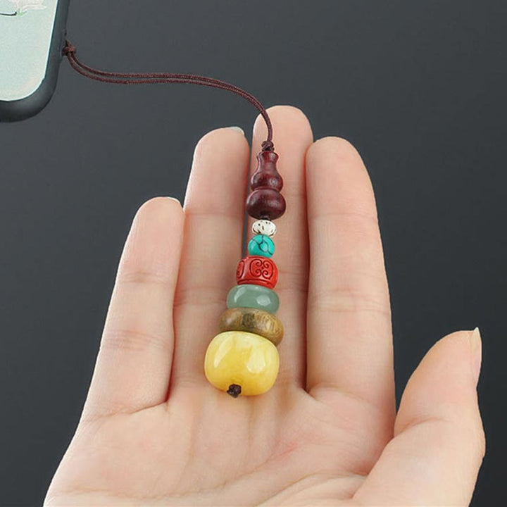 Green Sandalwood Ebony Wood Gourd Seven Layer Pagoda Positive Phone Hanging Decoration