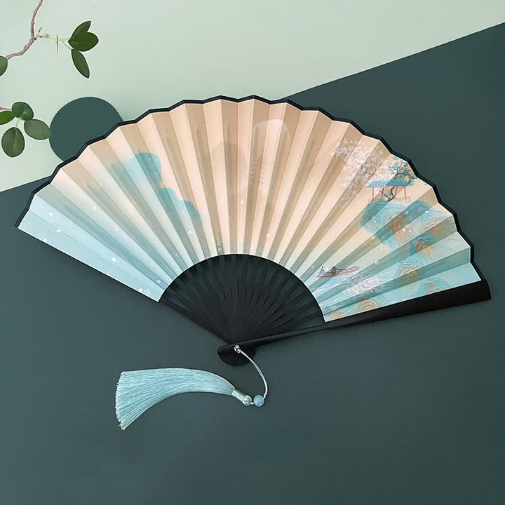 Buddha Stones Retro Lotus Flower Leaf Mountain Lake Handheld Folding Fan With Bamboo Frames