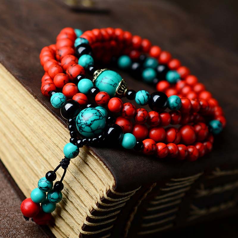 Buddha Stones Turquoise Black Onyx Red Turquoise Bead Protection Bracelet