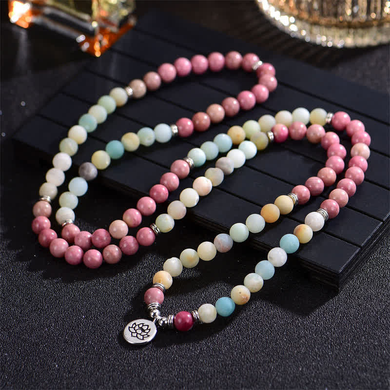 Buddha Stones Lazurite Picasso Jasper Amazonite Rhodonite Apatite Positive Lotus Prayer Bead Bracelet