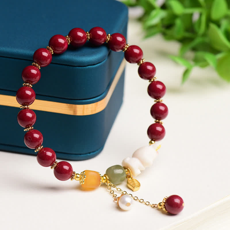 Year of the Rabbit Cinnabar Hetian Jade Bunny Beaded Blessing Bracelet