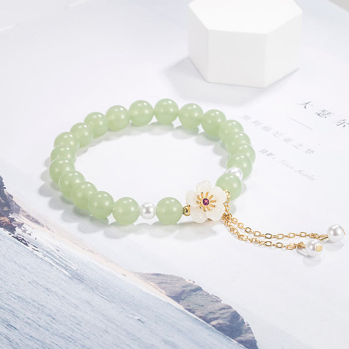 Buddha Stones Jade Peach Blossom Flower Pearl Luck Blessing Bracelet