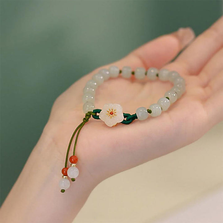 Buddha Stones Jade Peach Blossom Flower Luck Bracelet