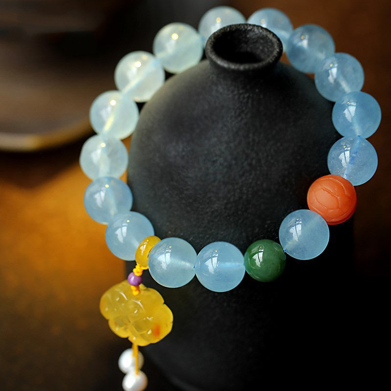 Natural Aquamarine Amber Chinese Knotting Charm Peace Bracelet