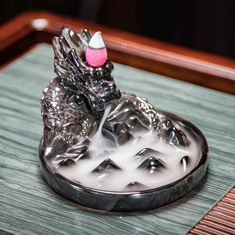 Dragon Pattern Ceramic Backflow Smoke Fountain Incense Burner Decoration