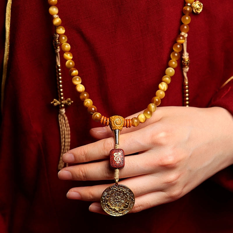 Buddha Stones 108 Mala Beads Natural Tiger Eye Copper Dorje Protection Tassel Bracelet