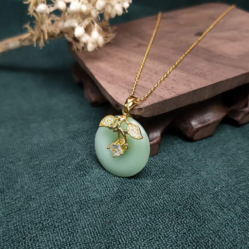 Buddha Stones Round Jade Leaf Blessing Fortune Necklace Chain Pendant