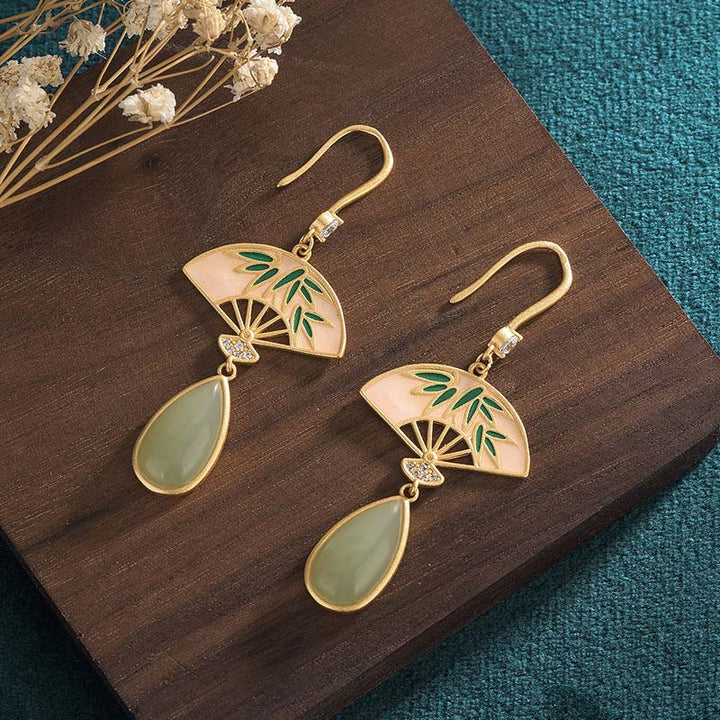 Buddha Stones Natural Green Aventurine Fan Pattern Luck Drop Earrings