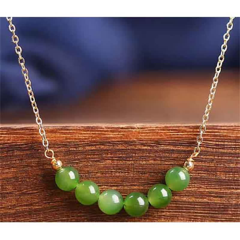 14k Gold Plated Hetian Cyan Jade Beaded Luck Necklace Pendant