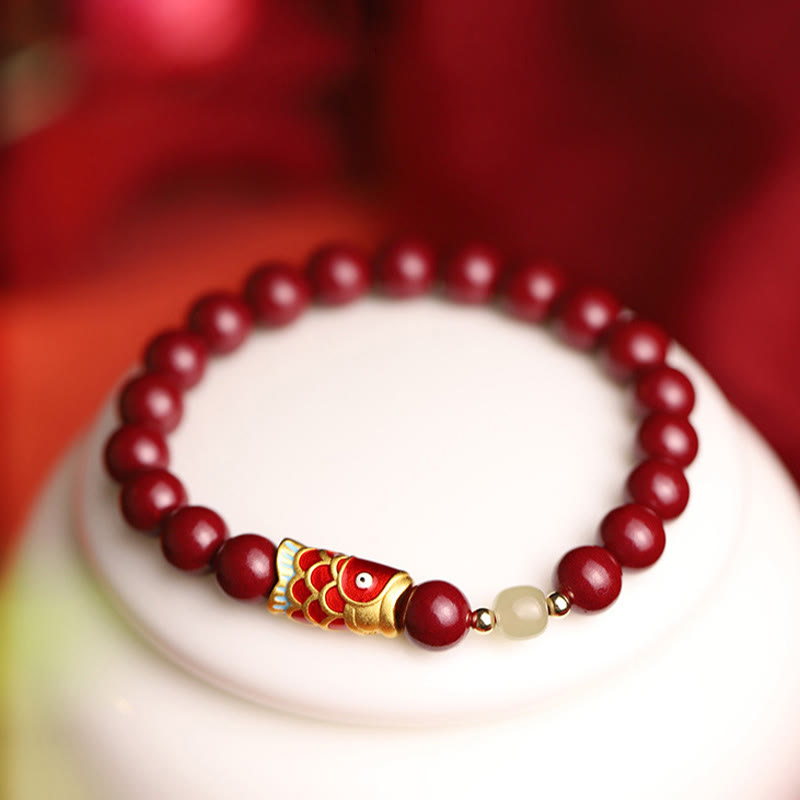 Buddha Stones Natural Cinnabar Lucky Koi Fish Hetian Jade Bead Blessing Bracelet