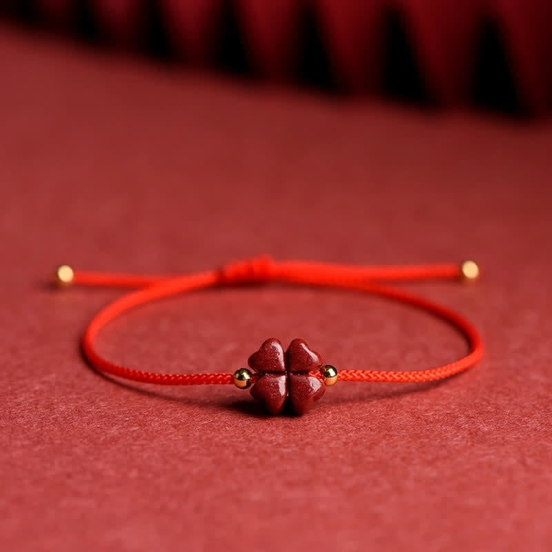 Buddha Stones Natural Cinnabar Four Leaf Clover Blessing Red String Bracelet Anklet