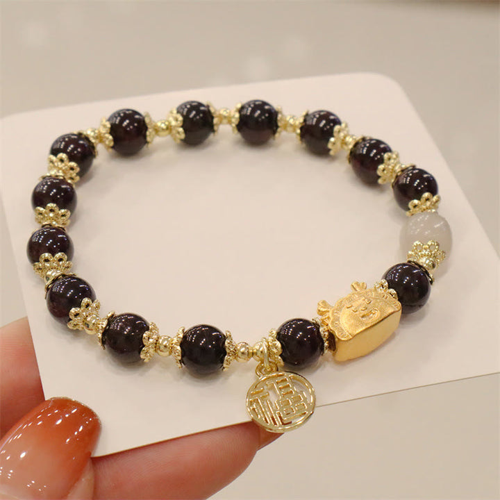 Buddha Stones Year Of The Dragon Red Agate Strawberry Quartz Black Obsidian Jade Garnet Pearl Cinnabar Dumpling Dragon Luck Fu Character Bracelet