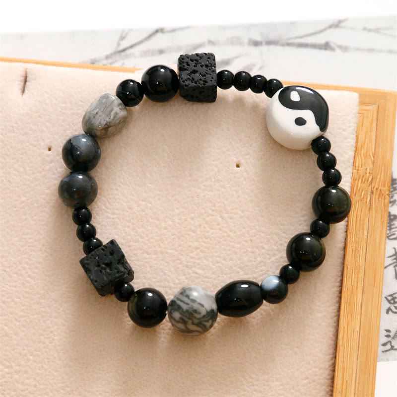 Buddha Stones Black Onyx Picasso Jasper Bead Yin Yang Fortune Protection Bracelet