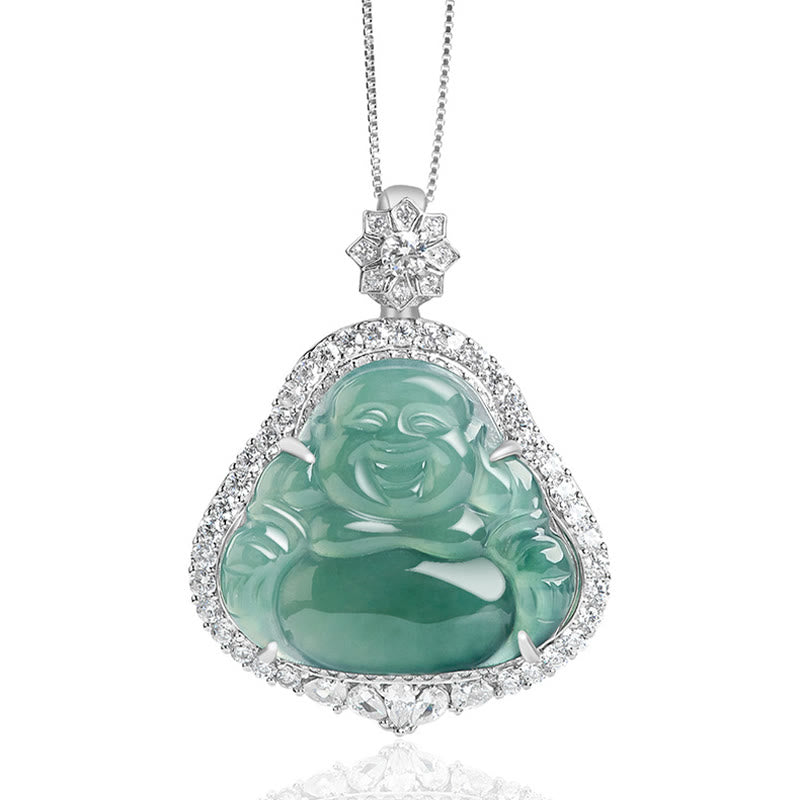 Buddha Stones 925 Sterling Silver Laughing Buddha Natural Jade Luck Abundance Chain Necklace Pendant