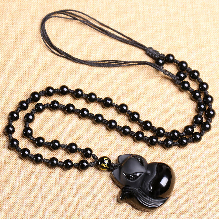 Buddha Stones Natural Black Obsidian Tiger Eye Ice Obsidian Fox Pendant Amulet Necklace