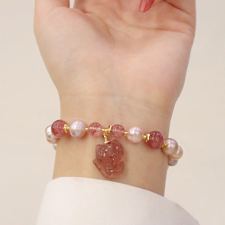 Buddha Stones Natural Pearl Strawberry Quartz Cute Fox Love Healing Charm Bracelet