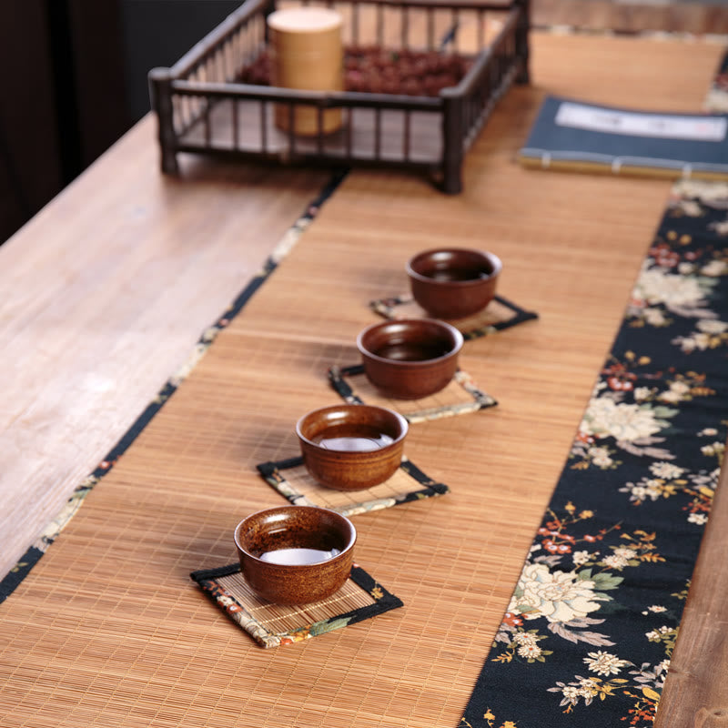 Buddha Stones Vintage Peony Flower Blossom Bamboo Cup Mat Pad Tea Cup Coaster Kung Fu Tea Mat