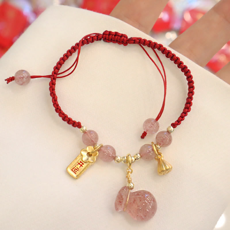 Buddha Stones Natural Strawberry Quartz Money Bag Lotus Healing Charm Red String Braided Bracelet