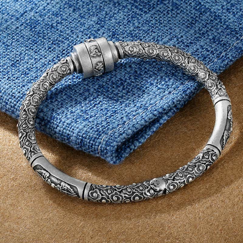 Buddha Stones 990 Sterling Silver Tibetan Auspicious Clouds Om Mani Padme Hum Engraved Creativity Bracelet Bangle