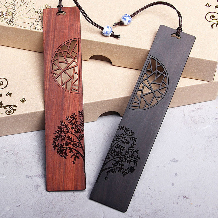 Buddha Stones The Tree of Life Ebony Wood Small Leaf Red Sandalwood Bookmarks With Gift Box